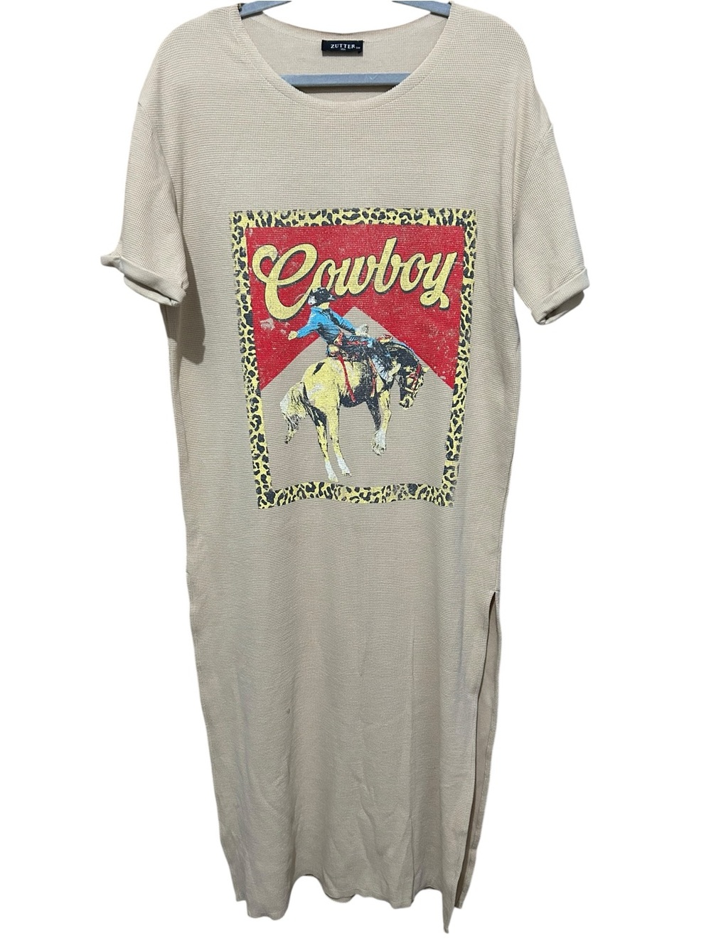 Zutter Waffle Knit Cowboy Graphic Midi T-Shirt Dress – Beige Tan, Size S/M